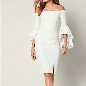 White off-the-shoulder dress with bell sleeves